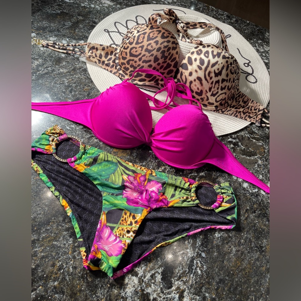 Lot of two VS bikini bombshell 36C and push-up top 34D pink and M floral bottoms
